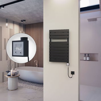 - 10H Sèche Serviettes Electrique 500x810 Noir mat Ktx3 600 Watt Câble en spirale  - 10H Sèche Serviettes Electrique 500x810 Noir mat Ktx3 600 Watt Câble en spirale