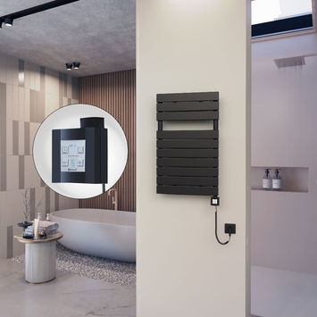 - 10H Sèche Serviettes Electrique 500x810 Noir mat Ktx4 600 Watt Câble en spirale  - 10H Sèche Serviettes Electrique 500x810 Noir mat Ktx4 600 Watt Câble en spirale