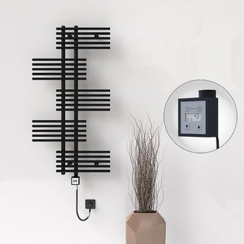 Radiva - FIJI Electric Towel Warmer 650x1250 Black Matt (KTX3 Thermostat) 600W Spiral Cable