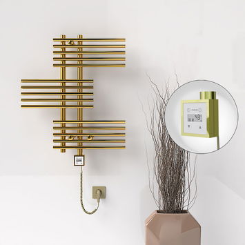 Radiva - FIJI Electric Towel Warmer 650x740 Gold (KTX3 Thermostat) 200W Spiral Cable Radiva - FIJI Electric Towel Warmer 650x740 Gold (KTX3 Thermostat) 200W Spiral Cable