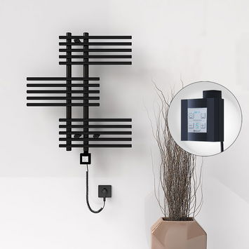 Radiva - Fiji Sèche Serviettes Electrique 650x740 Noir mat Ktx4 300 Watt Câble en spirale Radiva - Fiji Sèche Serviettes Electrique 650x740 Noir mat Ktx4 300 Watt Câble en spirale