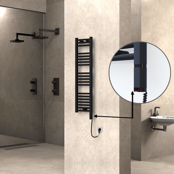 Radiva - Haiti Electric Towel Warmer 300x1100 Flat Black Matt (OneD On/Off ) Right 300 Watt