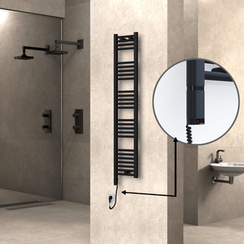 Radiva - Haiti Electric Towel Warmer 300x1500 Flat Black Matt (OneD On/Off ) Left 300 Watt