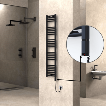 Radiva - Haiti Electric Towel Warmer 300x1500 Flat Black Matt (OneD On/Off ) Right 300 Watt