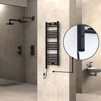 Radiva - Haiti Electric Towel Warmer 400x1100 Flat Black Matt (OneD On/Off ) Left 300 Watt