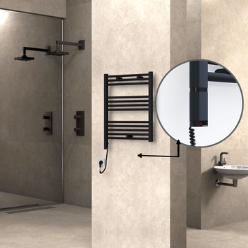 Radiva - Haiti Electric Towel Warmer 600x700 Flat Black Matt (OneD On/Off ) Left 300 Watt