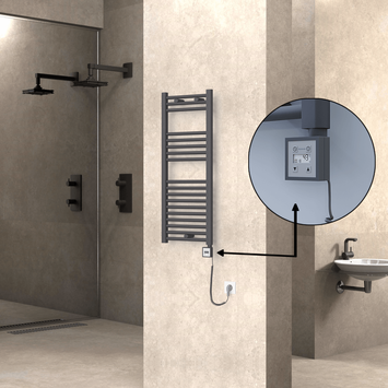 Radiva - Haiti Electric Towel Warmer 400x1000 Flat Anthracite Textured (KTX3 Thermostat) 300 Watt Spiral Cable