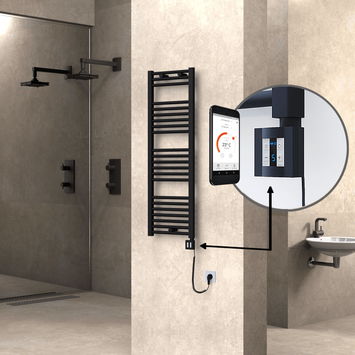 Radiva - Haiti Electric Towel Warmer 400x1200 Flat Black Matt (KTX4 Thermostat) 600 Watt Spiral Cable