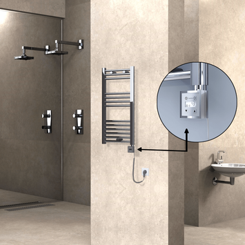 Radiva - Haiti Electric Towel Warmer 400x800 Flat Chrome (KTX3 Thermostat) 200 Watt Spiral Cable