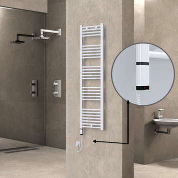 Radiva - Haiti Electric Towel Warmer 400x1500 Flat White Gloss (OneD On/Off ) Left 600 Watt