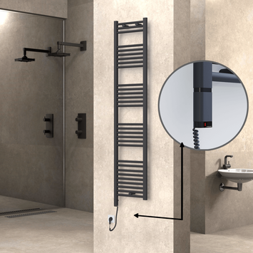 Radiva - Haiti Electric Towel Warmer 400x1800 Flat Anthracite Textured (OneD On/Off ) Left 600 Watt