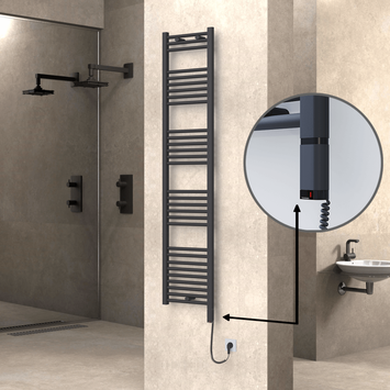 Radiva - Haiti Electric Towel Warmer 400x1800 Flat Anthracite Textured (OneD On/Off ) Right 600 Watt