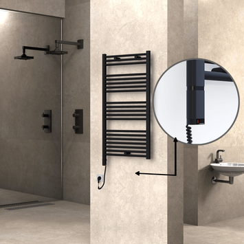 Radiva - Haiti Electric Towel Warmer 600x1100 Flat Black Matt (OneD On/Off ) Left 600 Watt
