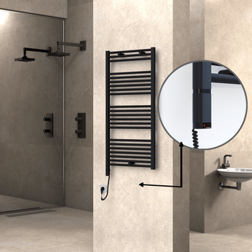 Radiva - Haiti Electric Towel Warmer 600x1200 Flat Black Matt (OneD On/Off ) Left 600 Watt