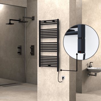 Radiva - Haiti Electric Towel Warmer 600x1200 Flat Black Matt (OneD On/Off ) Right 600 Watt