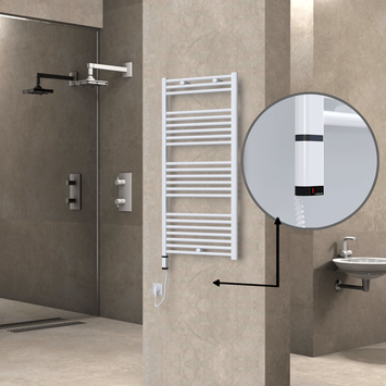 Radiva - Haiti Electric Towel Warmer 600x1200 Flat White Gloss (OneD On/Off ) Left 600 Watt