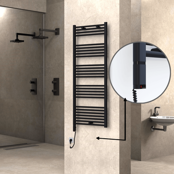 Radiva - Haiti Electric Towel Warmer 600x1500 Flat Black Matt (OneD On/Off ) Left 600 Watt
