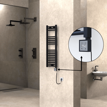 Radiva - Haiti Electric Towel Warmer 300x1000 Flat Black Matt (KTX3 Thermostat) 300 Watt Spiral Cable