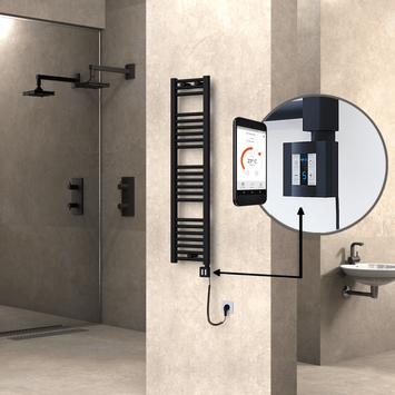 Radiva - Haiti Electric Towel Warmer 300x1200 Flat Black Matt (KTX4 Thermostat) 300 Watt Spiral Cable