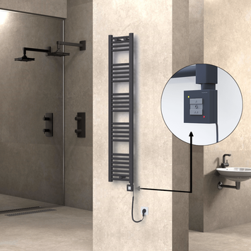 Radiva - Haiti Electric Towel Warmer 300x1500 Flat Anthracite Textured (KTX1 Thermostat) 600 Watt Spiral Cable
