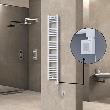 Radiva - Haiti Electric Towel Warmer 300x1500 Flat White Gloss (KTX1 Thermostat) 600 Watt Spiral Cable
