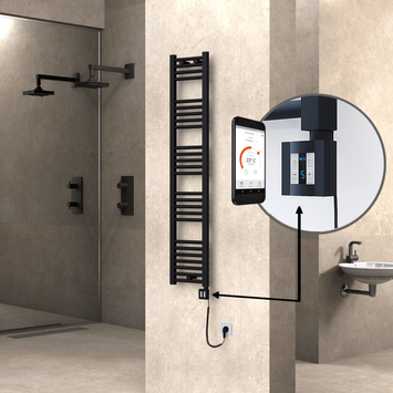 Radiva - Haiti Electric Towel Warmer 300x1500 Flat Black Matt (KTX4 Thermostat) 600 Watt Spiral Cable