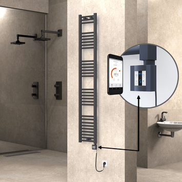 Radiva - Haiti Electric Towel Warmer 300x1800 Flat Anthracite Textured (KTX4 Thermostat) 600 Watt Spiral Cable
