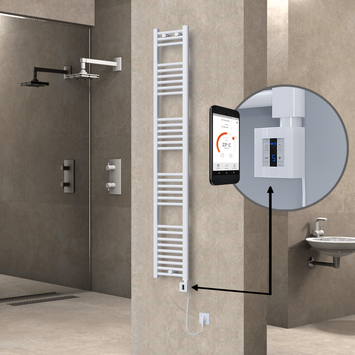  - Haiti Electric Towel Warmer 300x1800 Flat White Gloss (KTX4 Thermostat) 600 Watt Spiral Cable