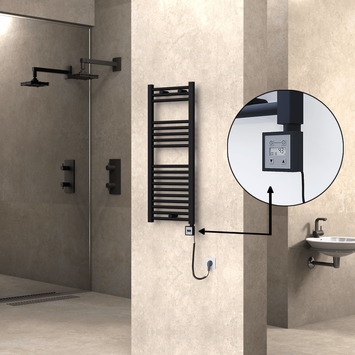 Radiva - Haiti Electric Towel Warmer 400x1000 Flat Black Matt (KTX3 Thermostat) 300 Watt Spiral Cable