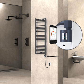 Radiva - Haiti Electric Towel Warmer 400x1100 Flat Anthracite Textured (KTX4 Thermostat) 600 Watt Spiral Cable
