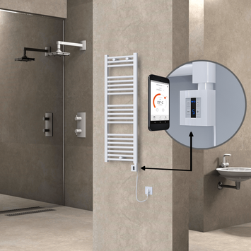  - Haiti Electric Towel Warmer 400x1100 Flat White Gloss (KTX4 Thermostat) 600 Watt Spiral Cable