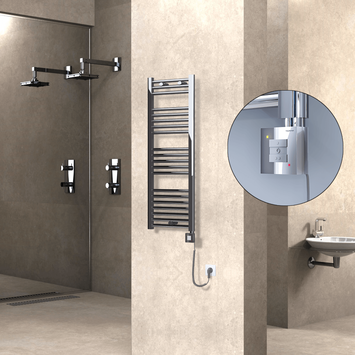  - Haiti Electric Towel Warmer 400x1100 Flat Chrome (KTX1 Thermostat) 300 Watt Spiral Cable
