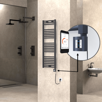 Radiva - Haiti Electric Towel Warmer 400x1200 Flat Anthracite Textured (KTX4 Thermostat) 600 Watt Spiral Cable