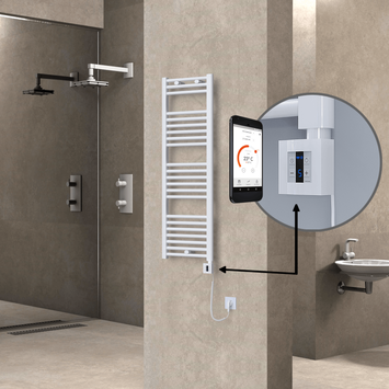 Radiva - Haiti Electric Towel Warmer 400x1200 Flat White Gloss (KTX4 Thermostat) 600 Watt Spiral Cable