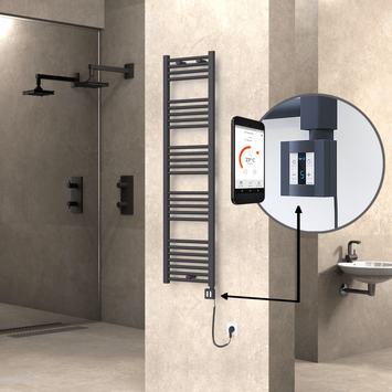 Radiva - Haiti Electric Towel Warmer 400x1500 Flat Anthracite Textured (KTX4 Thermostat) 600 Watt Spiral Cable