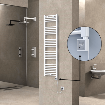 Radiva - Haiti Electric Towel Warmer 400x1500 Flat White Gloss (KTX3 Thermostat) 600 Watt Spiral Cable
