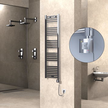  - Haiti Electric Towel Warmer 400x1500 Flat Chrome (KTX1 Thermostat) 300 Watt Spiral Cable
