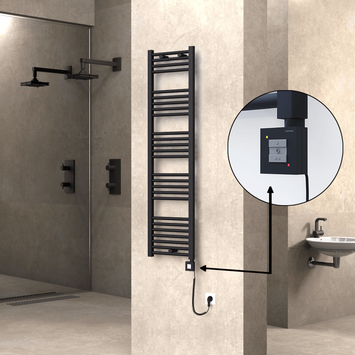 Radiva - Haiti Electric Towel Warmer 400x1500 Flat Black Matt (KTX1 Thermostat) 600 Watt Spiral Cable