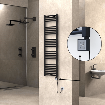 Radiva - Haiti Electric Towel Warmer 400x1500 Flat Black Matt (KTX3 Thermostat) 600 Watt Spiral Cable