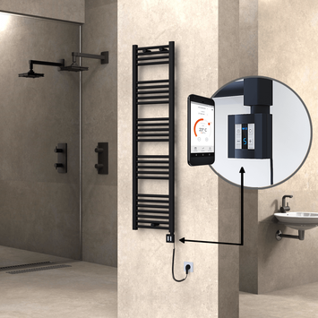 Radiva - Haiti Electric Towel Warmer 400x1500 Flat Black Matt (KTX4 Thermostat) 600 Watt Spiral Cable