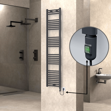 Radiva - Haiti Electric Towel Warmer 400x1800 Flat Anthracite Textured (On/Off Button) 600 Watt