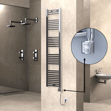 Radiva - Haiti Electric Towel Warmer 400x1800 Flat Chrome (KTX3 Thermostat) 300 Watt Spiral Cable