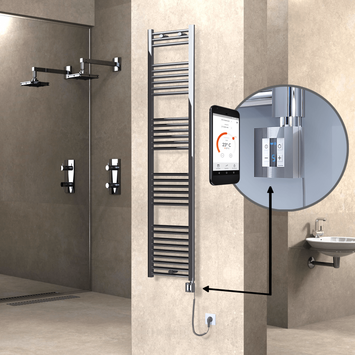 Radiva - Haiti Electric Towel Warmer 400x1800 Flat Chrome (KTX4 Thermostat) 300 Watt Spiral Cable