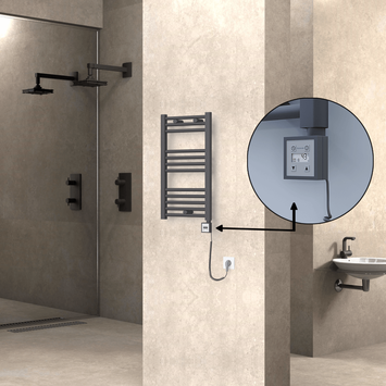 Radiva - Haiti Electric Towel Warmer 400x700 Flat Anthracite Textured (KTX3 Thermostat) 300 Watt Spiral Cable