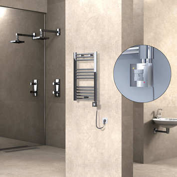 Radiva - Haiti Electric Towel Warmer 400x700 Flat Chrome (KTX1 Thermostat) 200 Watt Spiral Cable