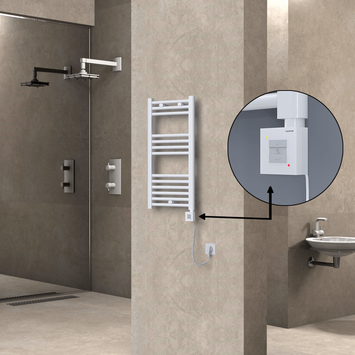 Radiva - Haiti Electric Towel Warmer 400x800 Flat White Gloss (KTX1 Thermostat) 300 Watt Spiral Cable