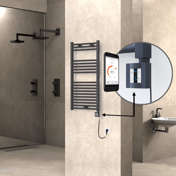 Radiva - Haiti Electric Towel Warmer 500x1000 Flat Anthracite Textured (KTX4 Thermostat) 600 Watt Spiral Cable