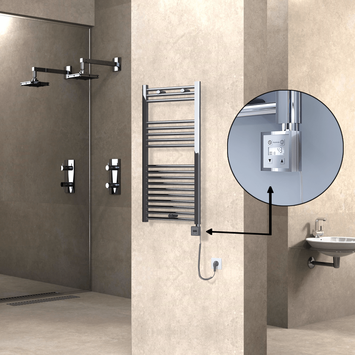 Radiva - Haiti Electric Towel Warmer 500x1000 Flat Chrome (KTX3 Thermostat) 300 Watt Spiral Cable