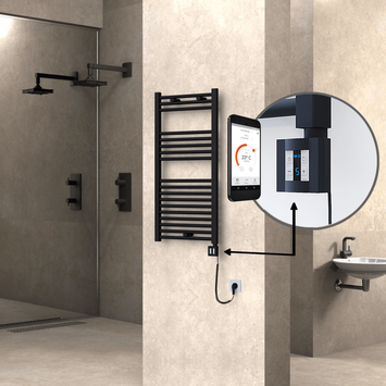 Radiva - Haiti Electric Towel Warmer 500x1000 Flat Black Matt (KTX4 Thermostat) 600 Watt Spiral Cable