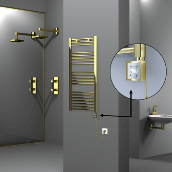 Radiva - Haiti Electric Towel Warmer 500x1100 Flat Gold (KTX3 Thermostat) 300 Watt Spiral Cable